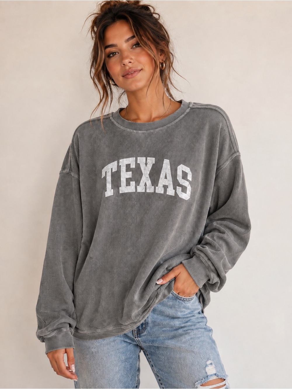 Chicka-d Texas Oversized Corded Sweatshirt Women’s Size XL Gray Casual Comfort